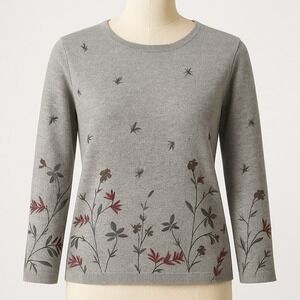 Vtg Silk Lambs Wool Floral Sweater Gray Top M Cottagecore Prairie Grandma 90s